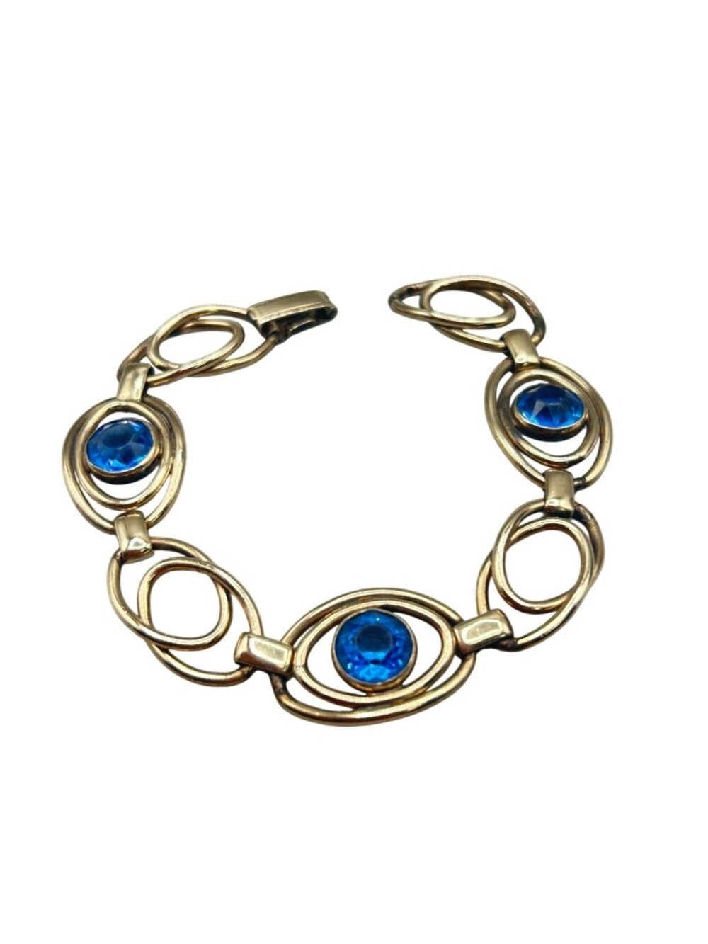 Vintage Gold Filled Over Silver Bracelet Blue Glass Stones 6.5" Link Bracelet